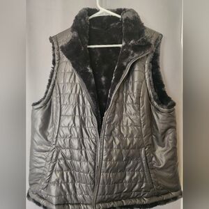Puffer Vest, Women's X Large Black Faux Fur And Puffer Style Reversible Vest